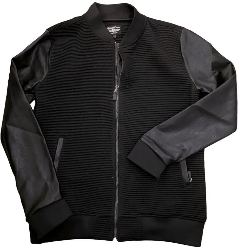 Straight Down Bomber Style Jacket, Faux Leather trim, Black Size Large